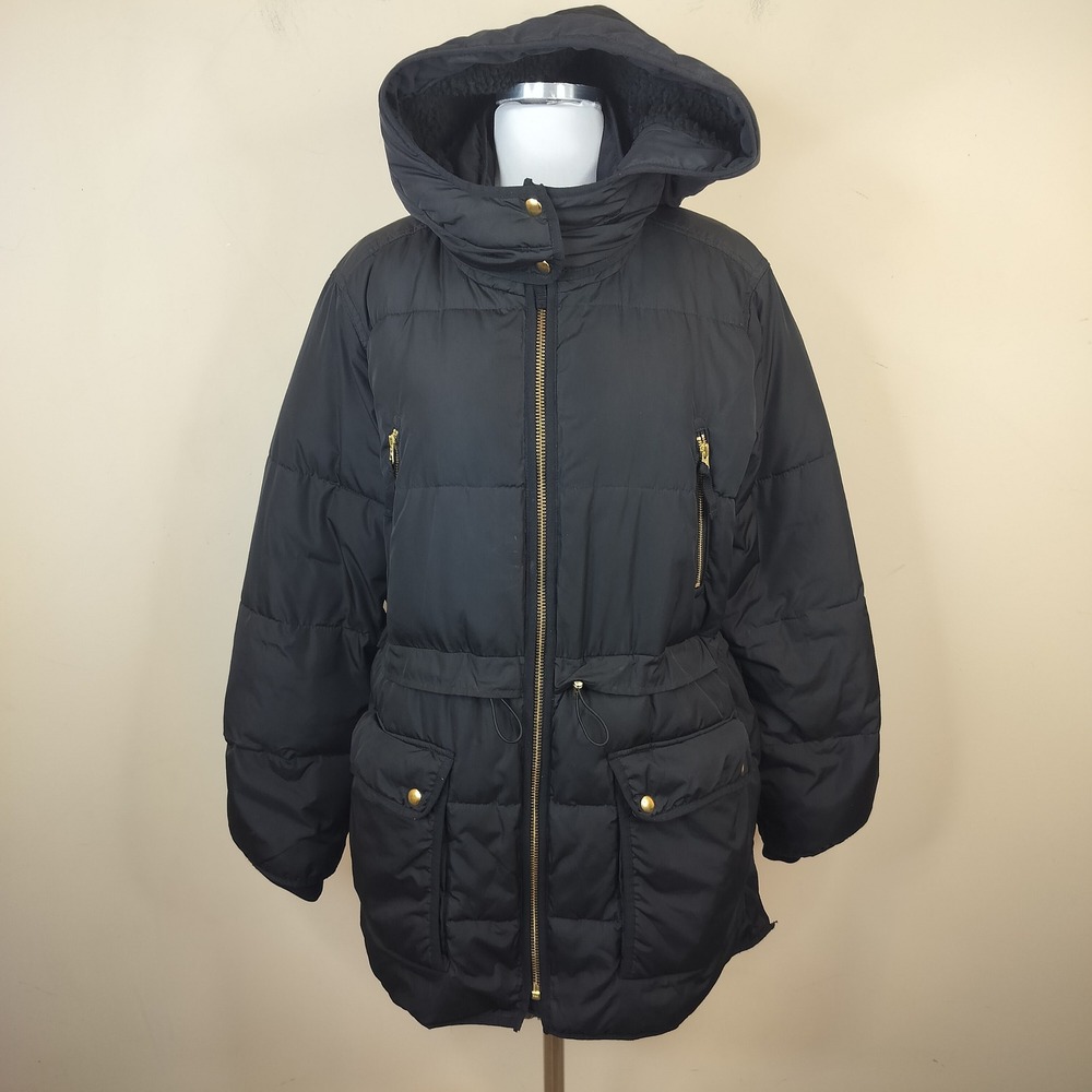 J. Crew Primaloft Puffer Jacket Women Large Hooded Quilted Zip Up Winter Black